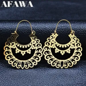 Stainless Steel Gold Color Big Flower Circle Earrings - Boho Jewery